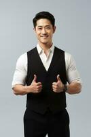 Handsome asian man emotional dynamic gestures on solid background AI Generative photo