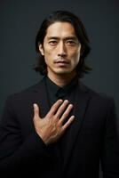 hermoso asiático hombre emocional dinámica gestos en sólido antecedentes ai generativo foto
