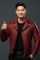 Handsome asian man emotional dynamic gestures on solid background AI Generative photo
