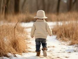 Kid enjoys a leisurely walk in a winter day AI Generative photo