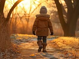 Kid enjoys a leisurely walk in a winter day AI Generative photo