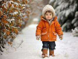 Kid enjoys a leisurely walk in a winter day AI Generative photo