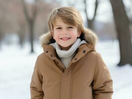 Kid enjoys a leisurely walk in a winter day AI Generative photo