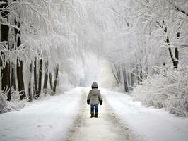 Kid enjoys a leisurely walk in a winter day AI Generative photo