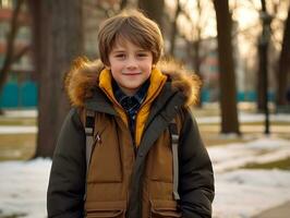 Kid enjoys a leisurely walk in a winter day AI Generative photo