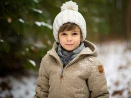 Kid enjoys a leisurely walk in a winter day AI Generative photo