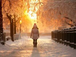 Kid enjoys a leisurely walk in a winter day AI Generative photo