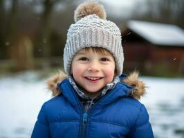 Kid enjoys a leisurely walk in a winter day AI Generative photo