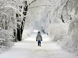 Kid enjoys a leisurely walk in a winter day AI Generative photo