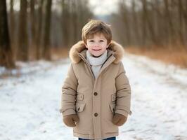 Kid enjoys a leisurely walk in a winter day AI Generative photo