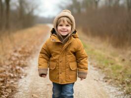 Kid enjoys a leisurely walk in a winter day AI Generative photo