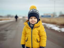 niño disfruta un sin prisa caminar en un invierno día ai generativo foto