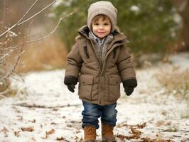 Kid enjoys a leisurely walk in a winter day AI Generative photo