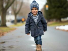 Kid enjoys a leisurely walk in a winter day AI Generative photo