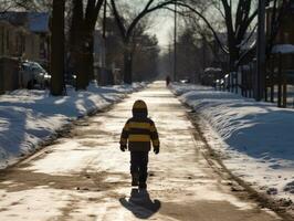 Kid enjoys a leisurely walk in a winter day AI Generative photo