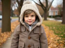 Kid enjoys a leisurely walk in a winter day AI Generative photo