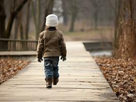 niño disfruta un sin prisa caminar en un invierno día ai generativo foto