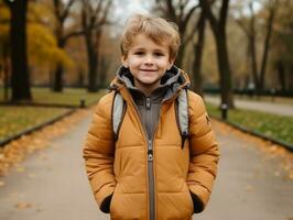 Kid enjoys a leisurely walk in a winter day AI Generative photo