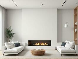 A Living Room With White Furniture And A Fireplace. AI Generated photo