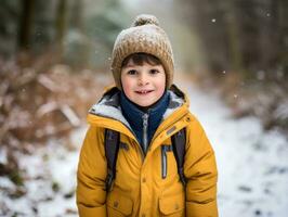 Kid enjoys a leisurely walk in a winter day AI Generative photo