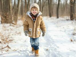 Kid enjoys a leisurely walk in a winter day AI Generative photo