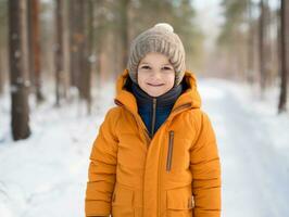 Kid enjoys a leisurely walk in a winter day AI Generative photo