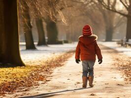 Kid enjoys a leisurely walk in a winter day AI Generative photo