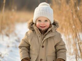 Kid enjoys a leisurely walk in a winter day AI Generative photo