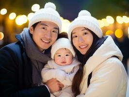 asiático familia disfruta celebrando Navidad víspera juntos ai generativo foto