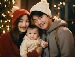 Asian family enjoys celebrating Christmas Eve together AI Generative photo