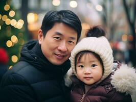 asiático familia disfruta celebrando Navidad víspera juntos ai generativo foto