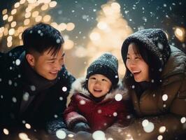 asiático familia disfruta celebrando Navidad víspera juntos ai generativo foto