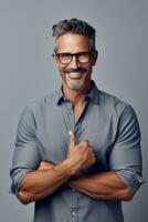 Handsome 40 year old man emotional dynamic gestures on solid background AI Generative photo