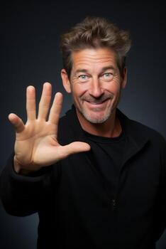 Handsome 40 year old man emotional dynamic gestures on solid background AI Generative photo