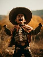 Mexican kid in emotional dynamic pose on autumn background AI Generative photo