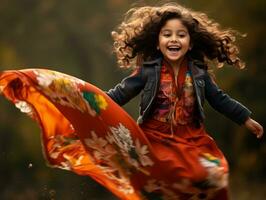 Mexican kid in emotional dynamic pose on autumn background AI Generative photo