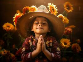 Mexican kid in emotional dynamic pose on autumn background AI Generative photo