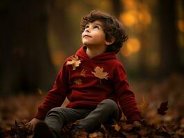 Mexican kid in emotional dynamic pose on autumn background AI Generative photo