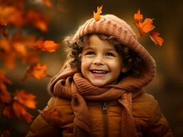 Mexican kid in emotional dynamic pose on autumn background AI Generative photo