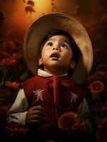 Mexican kid in emotional dynamic pose on autumn background AI Generative photo