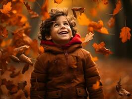 Mexican kid in emotional dynamic pose on autumn background AI Generative photo