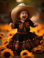 Mexican kid in emotional dynamic pose on autumn background AI Generative photo