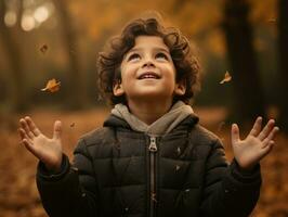 Mexican kid in emotional dynamic pose on autumn background AI Generative photo