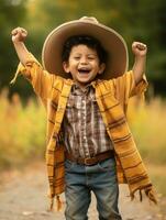 Mexican kid in emotional dynamic pose on autumn background AI Generative photo