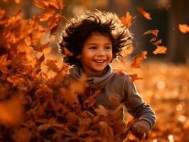 Mexican kid in emotional dynamic pose on autumn background AI Generative photo