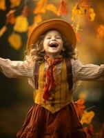 Mexican kid in emotional dynamic pose on autumn background AI Generative photo