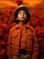 Mexican kid in emotional dynamic pose on autumn background AI Generative photo