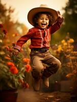 Mexican kid in emotional dynamic pose on autumn background AI Generative photo