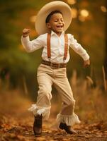 Mexican kid in emotional dynamic pose on autumn background AI Generative photo