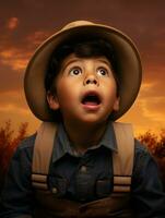 Mexican kid in emotional dynamic pose on autumn background AI Generative photo